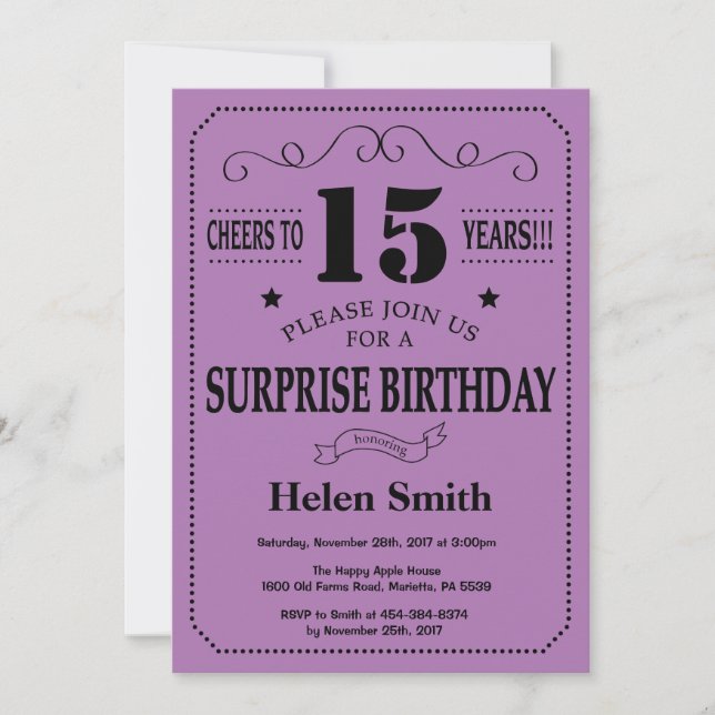Invitation Surprise 15e Anniversaire Noir et Violet (Devant)