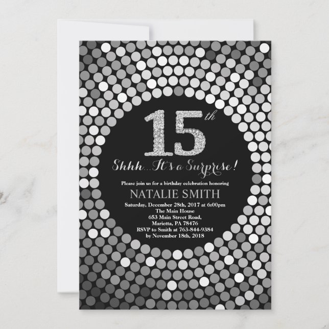 Invitation Surprise 15e anniversaire Parties scintillant noir (Devant)