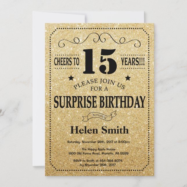 Invitation Surprise 15e anniversaire Parties scintillant noir (Devant)