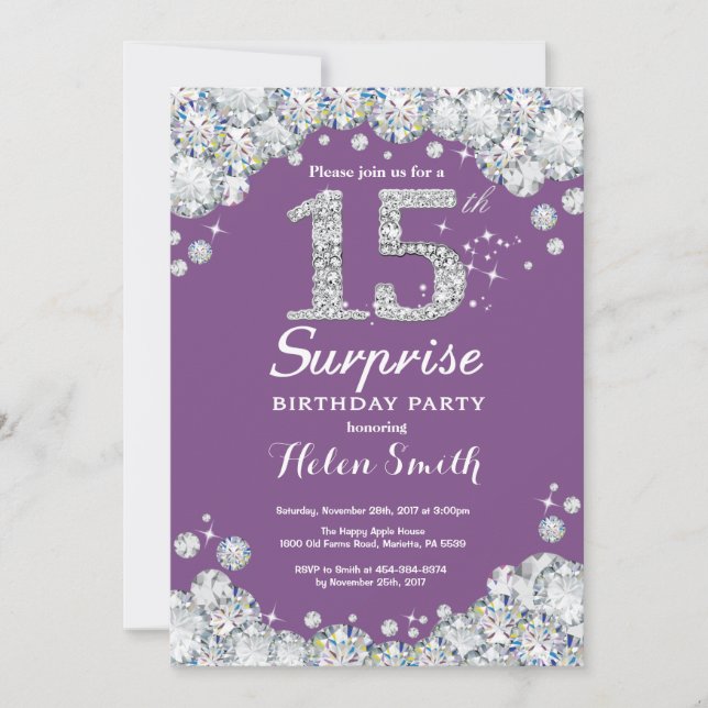 Invitation Surprise 15e anniversaire Purple et Silver Diamond (Devant)