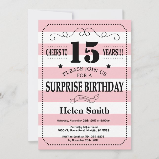 Invitation Surprise 15e anniversaire rayures roses et blanche (Devant)