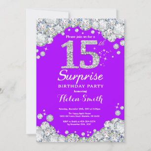 Invitation Surprise 15e Anniversaire Violet et Diamant Argent