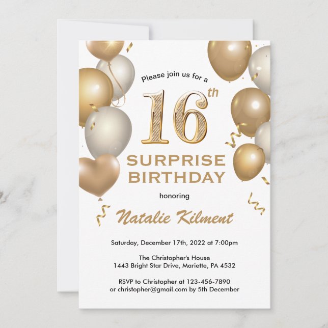 Invitation Surprise 16e anniversaire Ballons blanc et or (Devant)