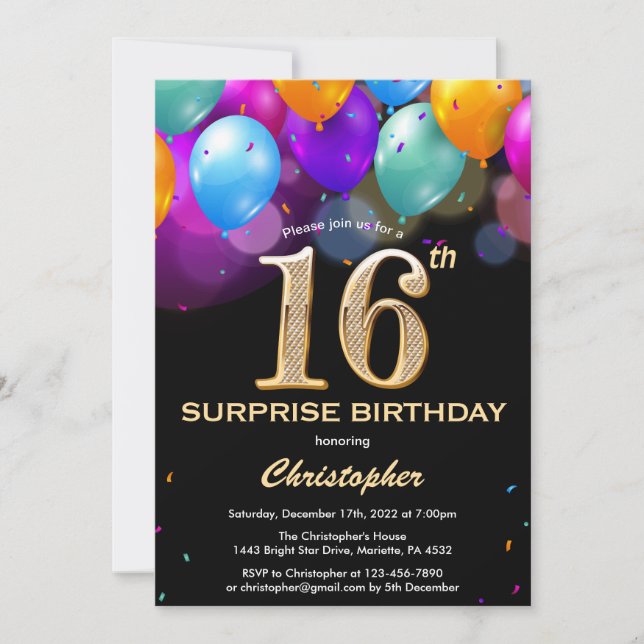 Invitation Surprise 16e anniversaire Ballons Noir et Or (Devant)