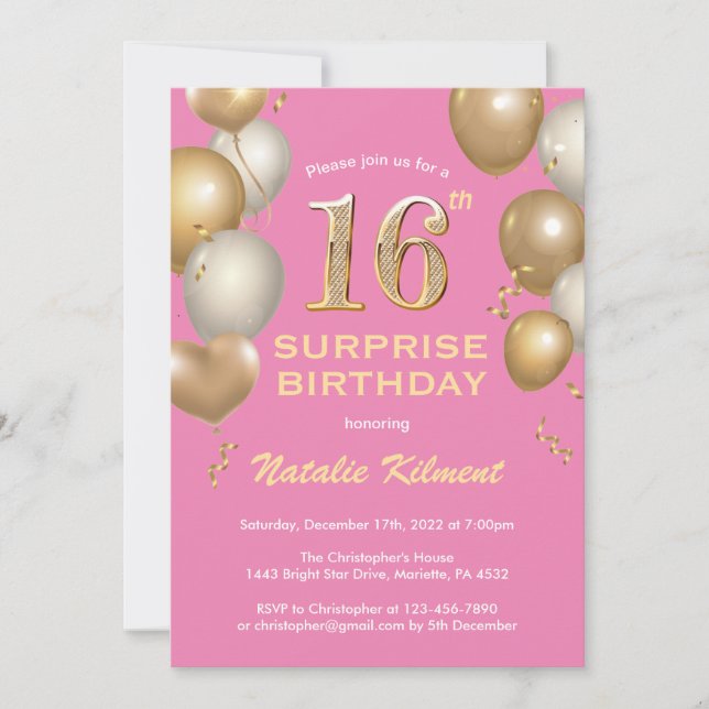 Invitation Surprise 16e anniversaire Ballons rose et or (Devant)