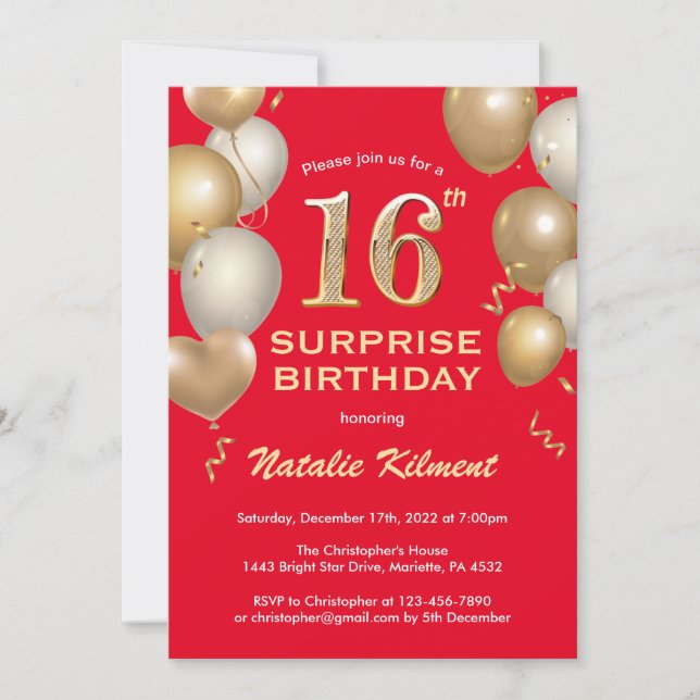 Invitation Surprise 16e anniversaire Ballons rouge et or (Devant)