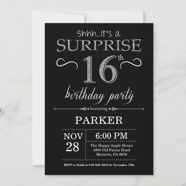 Invitation surprise 16e anniversaire Black and Sil (Devant)