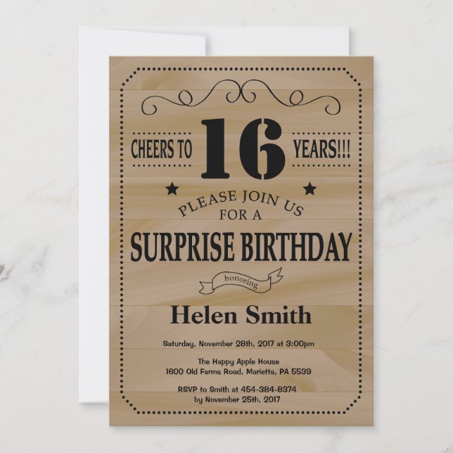 Invitation Surprise 16e Anniversaire Bois Rustique (Devant)