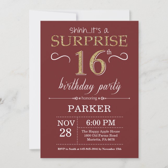 Invitation Surprise 16e anniversaire Bourgogne et Parties sci (Devant)