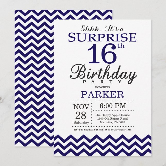 Invitation Surprise 16e Anniversaire Chevron Bleu Marine (Devant / Derrière)