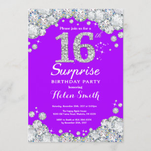 Invitation Surprise 16e anniversaire Diamant mauve et argent
