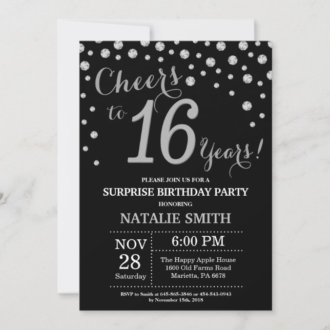 Invitation Surprise 16e anniversaire Diamant noir et argent (Devant)