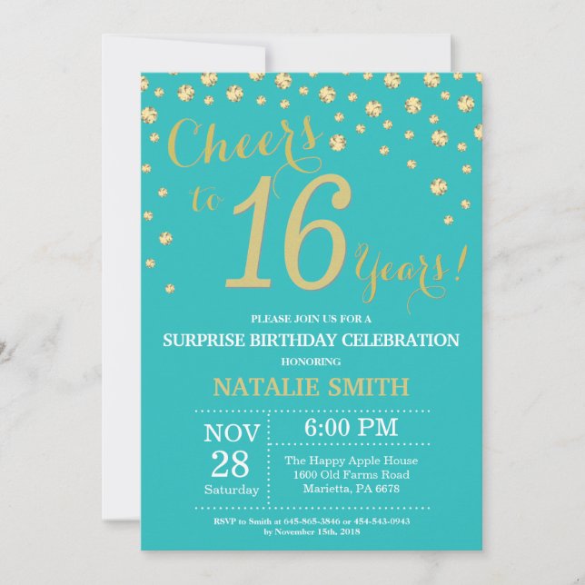 Invitation Surprise 16e Anniversaire Diamant Turquoise et Or (Devant)