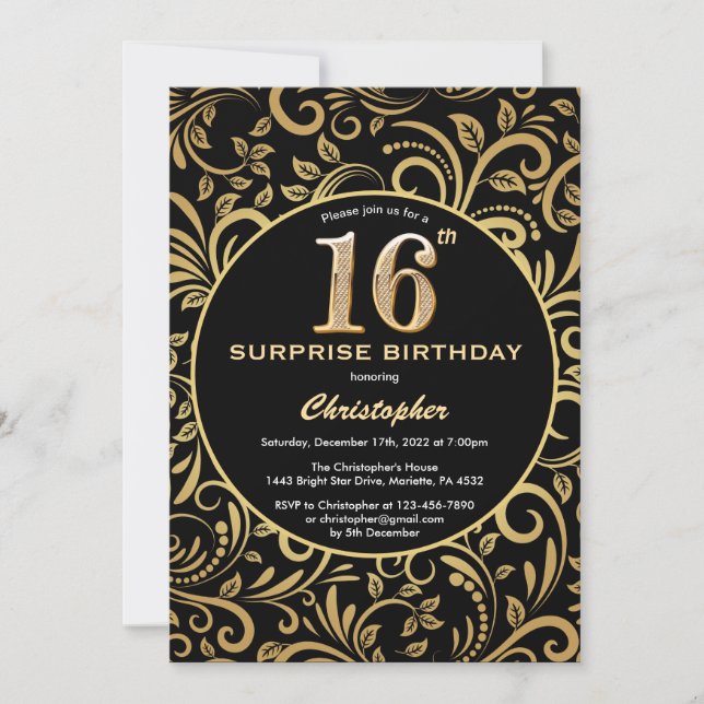 Invitation Surprise 16e anniversaire Floral noir et or (Devant)