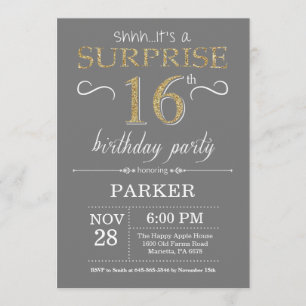 Invitation surprise 16e anniversaire Grey and Gold