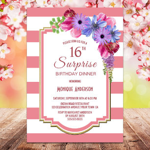 Invitation Surprise 16e anniversaire Lavande rayée Floral