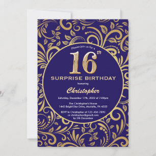 Invitation Surprise 16e anniversaire Marine bleu et or floral