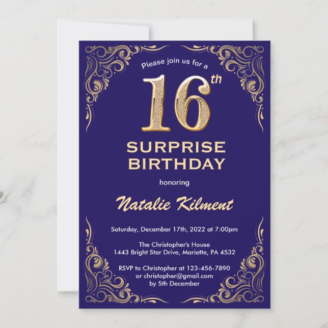 Invitation Surprise 16e anniversaire Marine Blue and Gold Par (Devant)