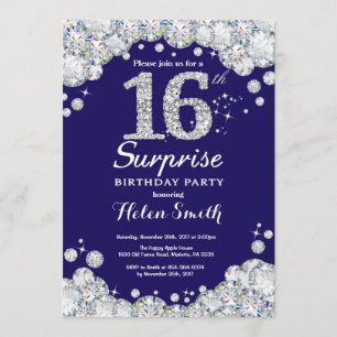Invitation Surprise 16e anniversaire Marine Blue Silver Diamo