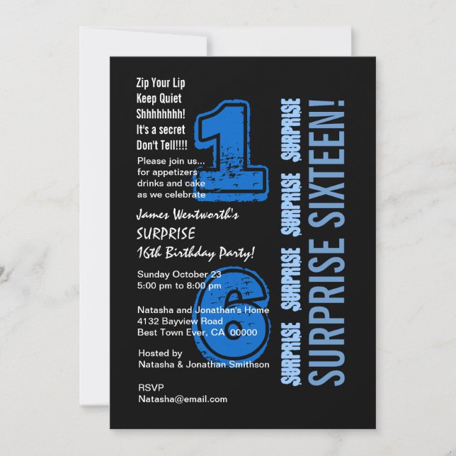 Invitation SURPRISE 16e anniversaire moderne Bleu et noir W52 (Devant)