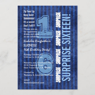 Invitation SURPRISE 16e Anniversaire moderne Bleu Stripes W55