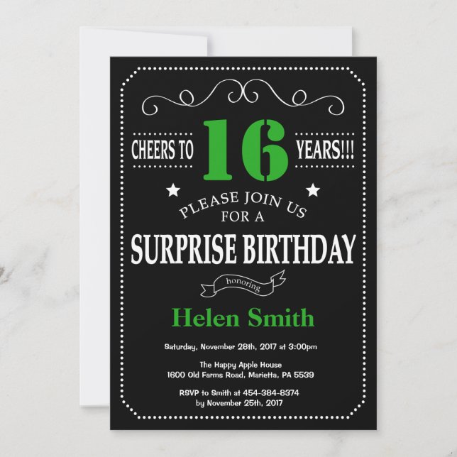 Invitation Surprise 16e anniversaire noir et vert Chalkboard (Devant)