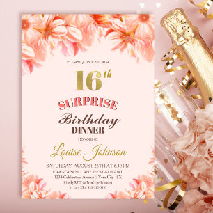 Invitation Surprise 16e anniversaire Pink Gold Floral Dîner