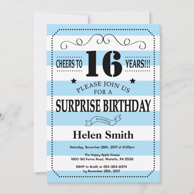 Invitation Surprise 16e Anniversaire Rayures Bleues et Blanch (Devant)