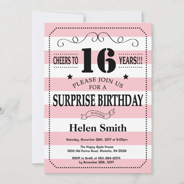 Invitation Surprise 16e Anniversaire Rayures Roses et Blanche (Devant)