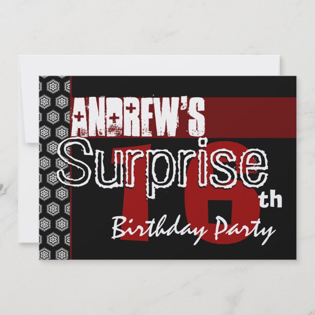 Invitation Surprise 16e anniversaire Red White Black Metallic (Devant)