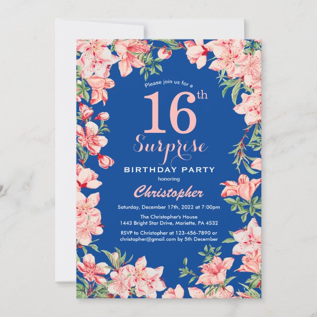 Invitation Surprise 16e anniversaire rose fleurs florales ble (Devant)