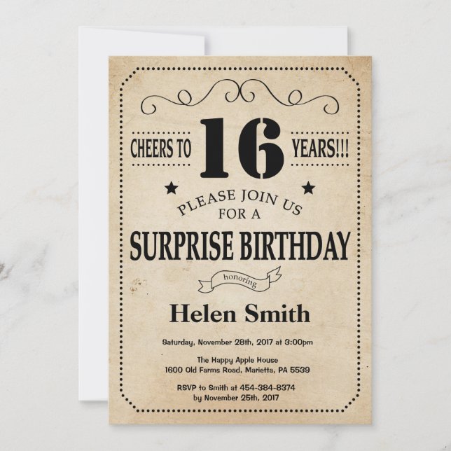 Invitation Surprise 16e anniversaire Rustic Vintage Retro (Devant)