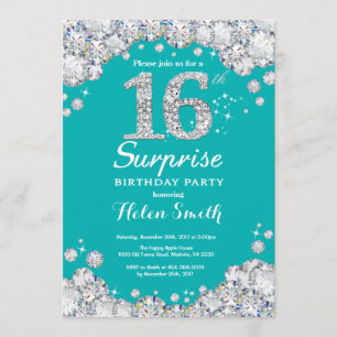 Invitation Surprise 16e anniversaire Turquoise et Silver Diam