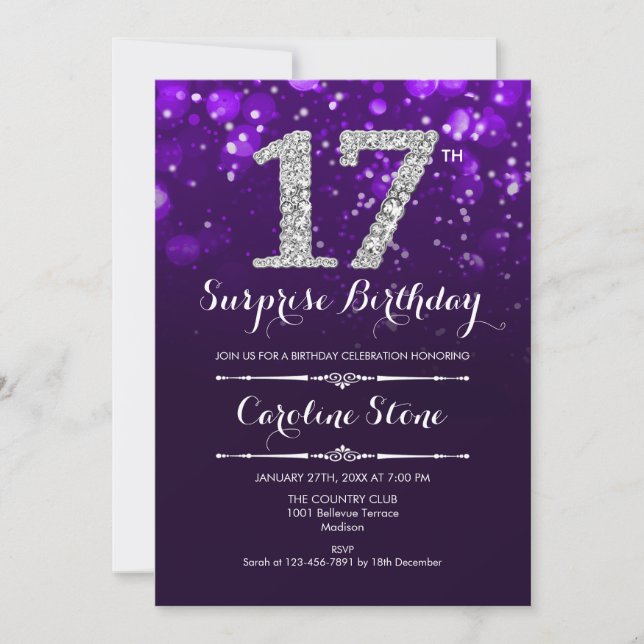 Invitation Surprise 17e anniversaire - Argent violet (Devant)