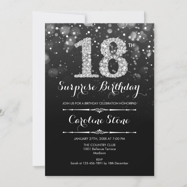 Invitation Surprise 18e anniversaire - Argent noir (Devant)