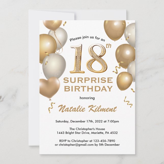 Invitation Surprise 18e anniversaire Ballons blanc et or (Devant)