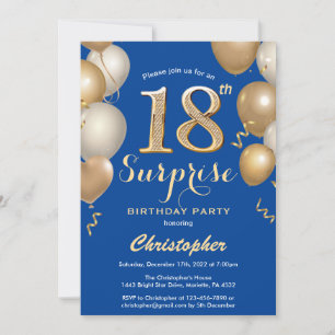 Invitation Surprise 18e anniversaire Ballons bleu et or