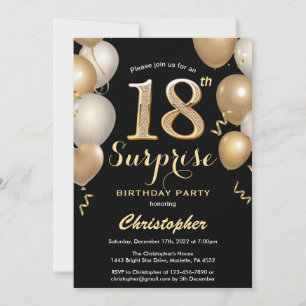 Invitation Surprise 18e anniversaire Ballons noir et or