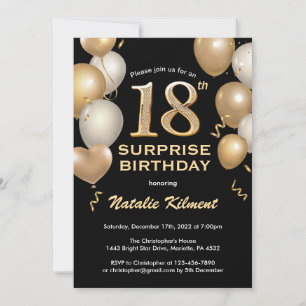 Invitation Surprise 18e anniversaire Ballons noir et or