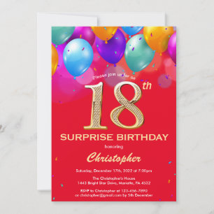Invitation Surprise 18e anniversaire Ballons rouge et or