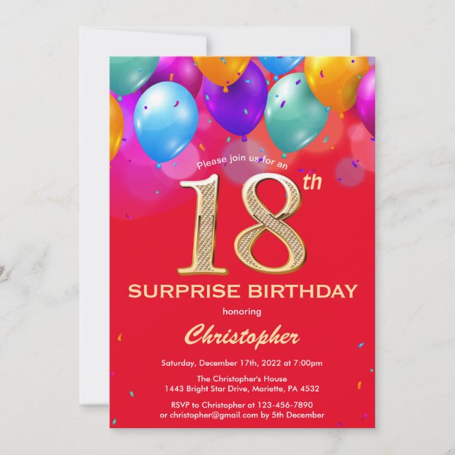Invitation Surprise 18e anniversaire Ballons rouge et or (Devant)