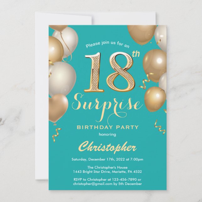 Invitation Surprise 18e anniversaire Balloons Turquoise et or (Devant)