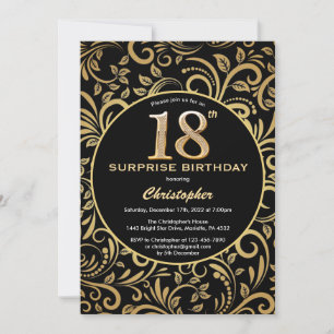Invitation Surprise 18e anniversaire Black and Gold Floral