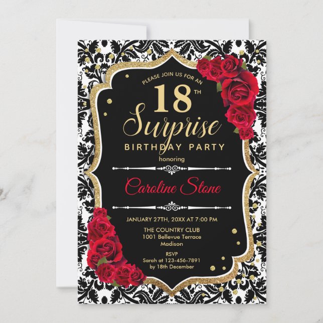 Invitation Surprise 18e anniversaire - Black Gold Red Invitat (Devant)