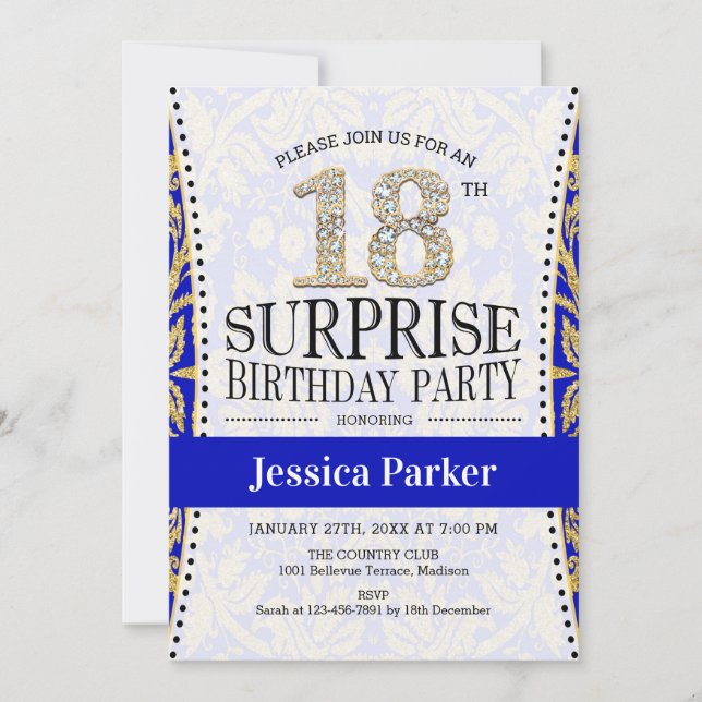 Invitation Surprise 18e anniversaire - Blanc Gold Royal Blue (Devant)