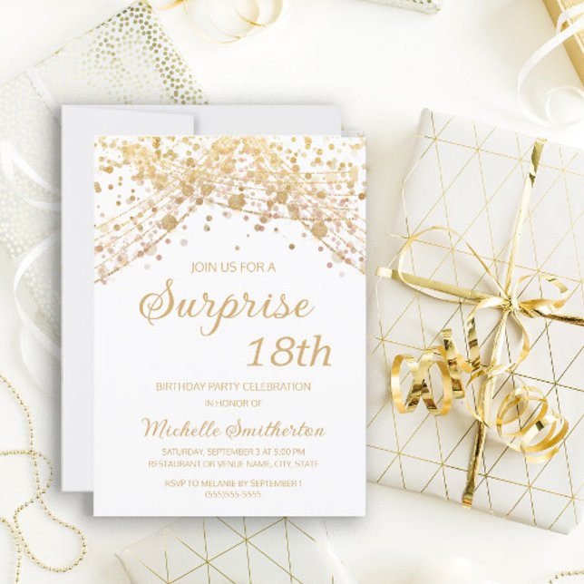 Invitation Surprise 18e anniversaire Blanc Paillettes Or (Créateur téléchargé)