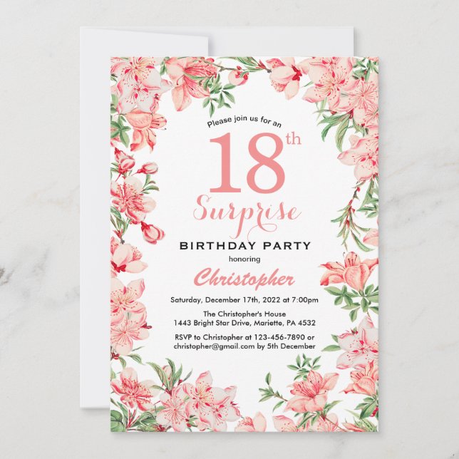 Invitation Surprise 18e anniversaire Boho rose botanique flor (Devant)