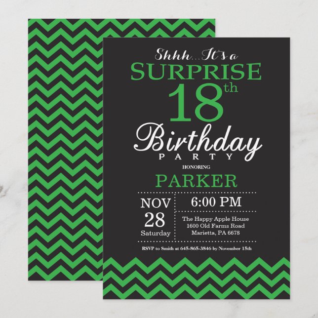 Invitation Surprise 18e anniversaire Chevron noir et vert (Devant / Derrière)