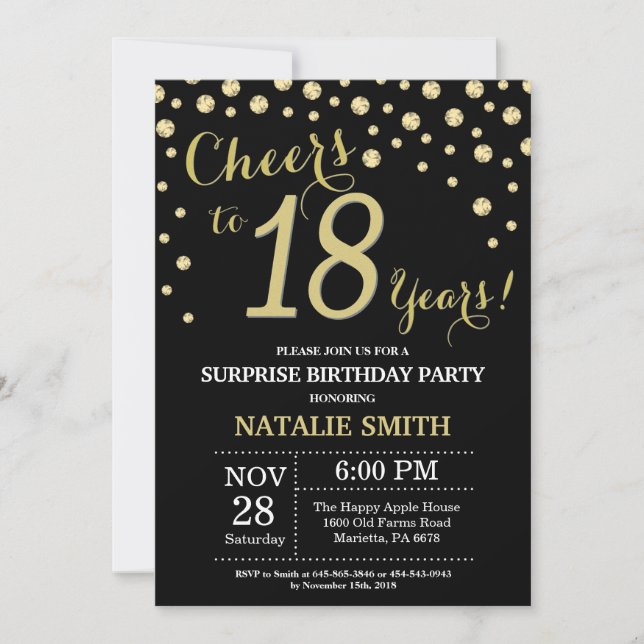 Invitation Surprise 18e anniversaire Diamant noir et or (Devant)