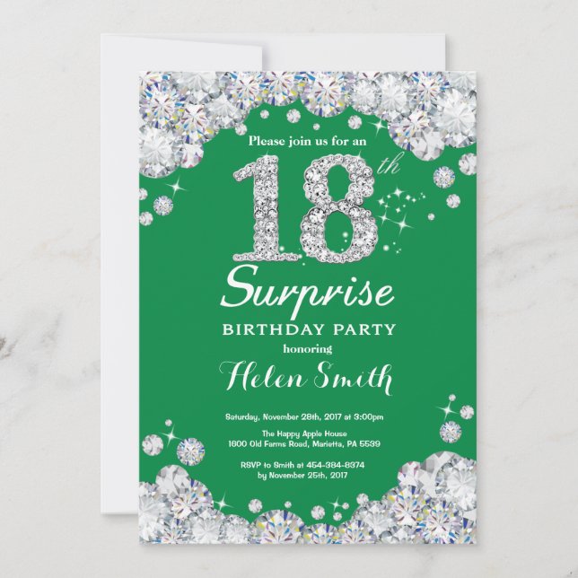 Invitation Surprise 18e anniversaire Diamant vert et argent (Devant)